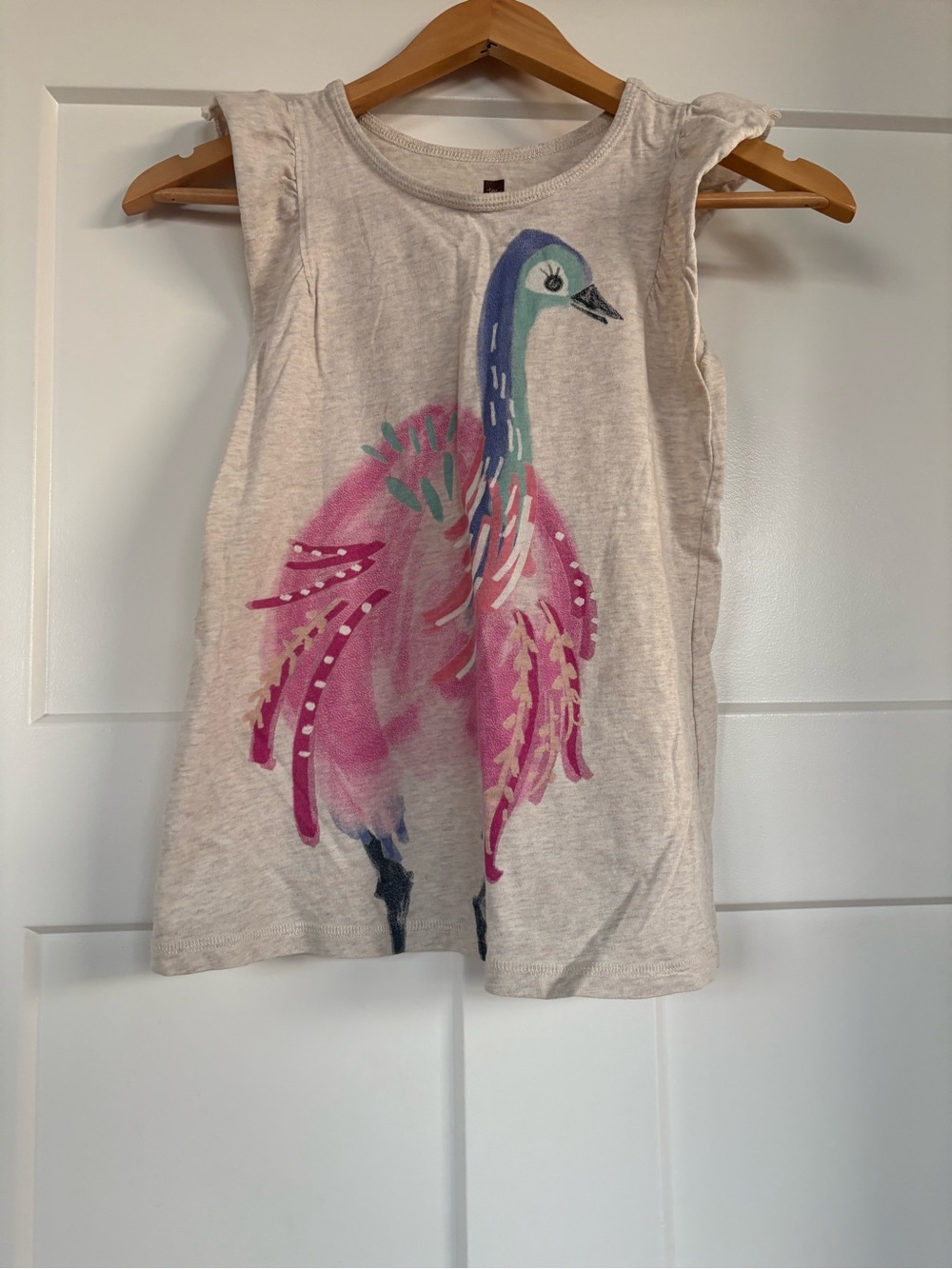 Tea Collection Girls Haiku Emu Print Oatmeal T-Shirt with Ruffle Sleeves Size 8